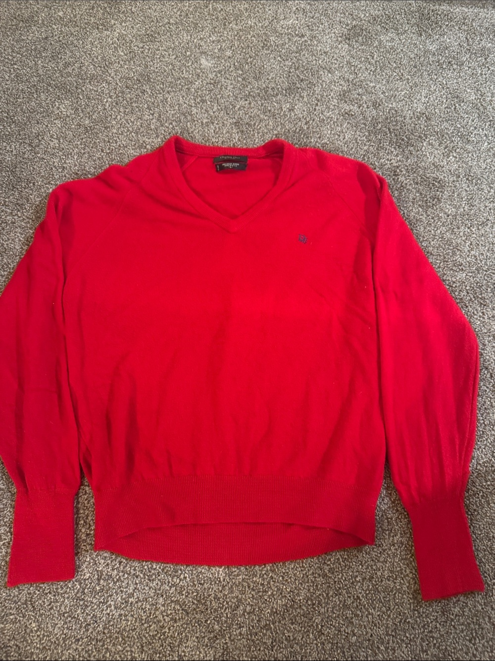 Vintage Christian Dior Monsieur Red V-Neck Men's Sweater With Dark Blue Logo